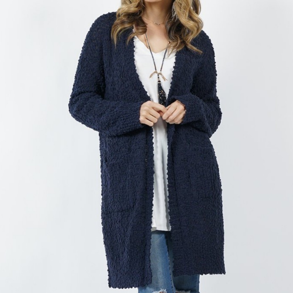 Navy Blue Open Londbody Cardigan with Pockets - Picture 4 of 5